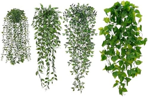 BLEUM CADE Fake Hanging Plants Mixed Set, 4pcs Artificial Hanging Plant, Faux Hanging Potted Plants Greenery for Wall Shelf Home Living Room Indoor Outdoor Decor by BLEUMCADE