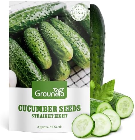 Groundio Cucumber Seeds - 50 Heirloom Non-GMO Seeds for Planting Outdoors in Trellises, Raised Beds, Space Gardens - Pickling and Slicing Straight Eight Cucumbers by Groundio