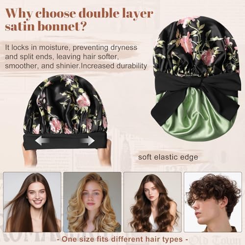 CHLINS Double Layer Satin Bonnet for Sleeping, Hair Bonnet for Curly Hair - Image 3