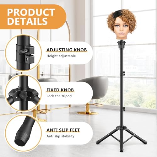 Wig Head Stand 50 Inches, Height Adjustable Tripod Wig Stand, Salon Mannequin Head Stand with Anti-Slip Base for Styling, Wig Display Barber Training, Beauty School​ (Black) - Image 5