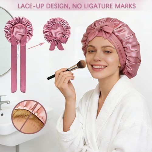 Silk Bonnet for Women, Satin Bonnet for Sleeping, Large Sleep Cap with Elastic Tie Band for Curly Hair - Image 3