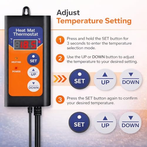 Heat Mat Thermostat | Digital Thermostat Controller for Seed Germination, Reptiles, Brewing, Incubation and Greenhouse Heating, 40–108°F, 8.3A 1000W - Image 2