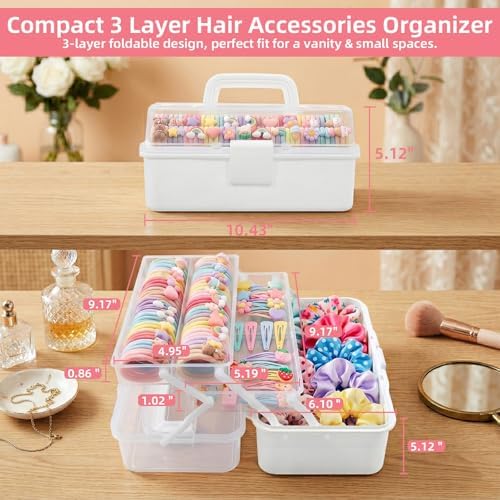 neotidy Hair Accessories Organizer for Girls, 3 Layer Hair Organizer Storage Box with Dividers & Handle, Hair Tie Organizer & Hair Product Organizer Case, Kids Hair Accessories Organizer, White - Image 2