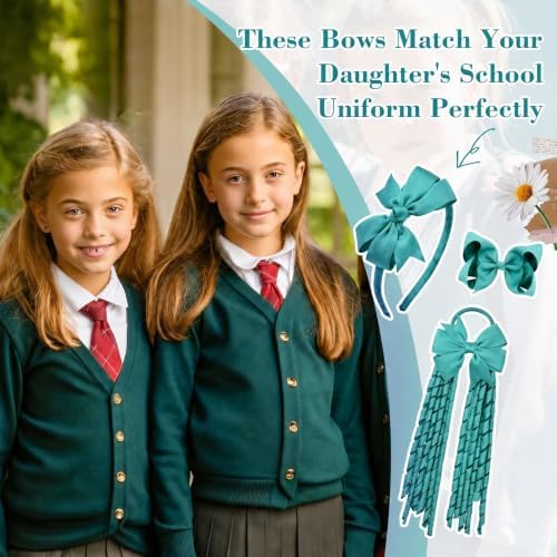 DEEKA Teal School Hair Accessories Set 13 Pcs Uniform Bow Headband Clips Hair Ties Curly Korker Bows for Little Toddler School Girls (Teal) - Image 3