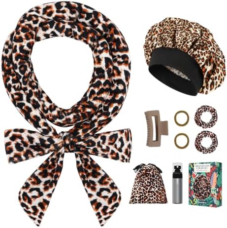 Gwabee Heatless Curls Overnight Hair Curlers to Sleep In, 9 PCS Velvet Heatless Hair Curler Overnight Curls for Women Long Hair Volumes, Heatless Curling Waves Set with Sleep Bonnet - Orange Leopard by Gwabee