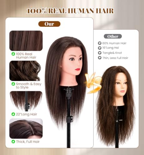 22-Inch 100% Human Hair Mannequin Head with Tripod Stand for Hair Styling - Image 3