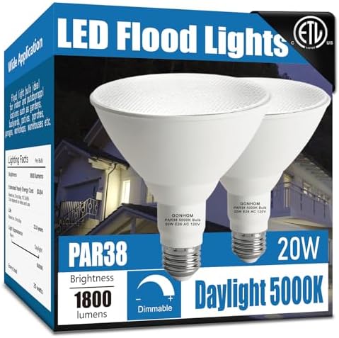 Gonhom Par38 led Flood Lights Outdoor Light Bulb,Dimmable 1800LM,20W Replace up to 200W,Outdoor Flood Light Bulbs for Backyard,Garage,Porch,Garden,2 Pack 5000K Daylight by Gonhom