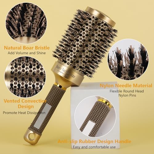 Large Boar Bristle Round Brush for Blow Drying, Nano Thermal Ceramic and Ionic Tech Hair Brush for Curling and Straightening - Image 3