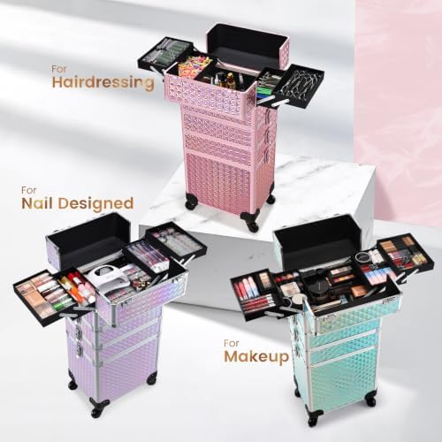 Rolling Makeup Case 4 IN 1 Cosmetology Case on Wheels Salon Case Nail Cart - Image 3