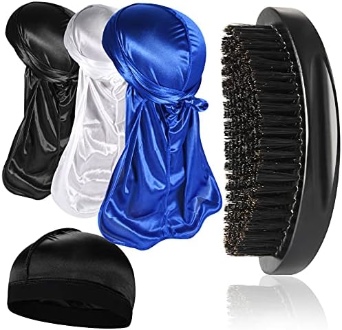 3pcs Silky Durag with Wave Brush for Men 360, Medium/Hard Hair Brush Kits,E by Heniho