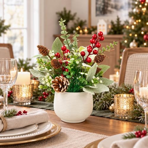 Der Rose Christmas Centerpiece for Tables, Small Fake Plants in White Pot - Image 6