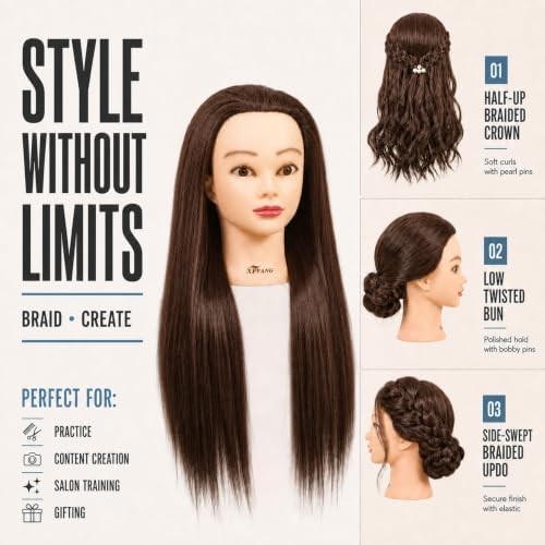 26-28 Inch Synthetic Fiber Mannequin Head for Braiding Styling Cutting Cosmetology Practice Doll with Clamp Stand for Makeup Training (Brown) - Image 4