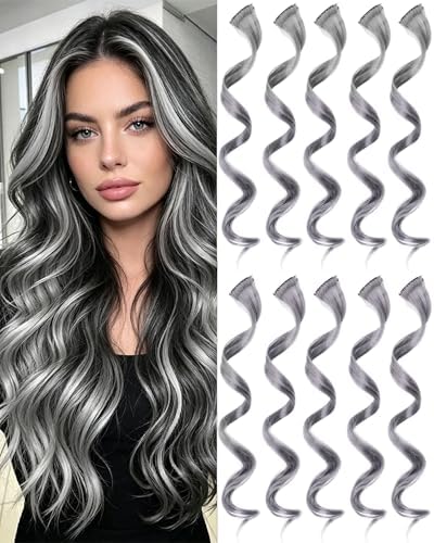 10 Pcs Gray Curly Wavy Synthetic Clip-In Hair Extensions 17 Inch Women Gift by Olldag