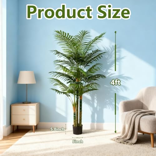 4FT Tall Golden Cane Artificial Palm Tree, Large Faux Palm Tree with 3 Textured Trunks, Outdoor Artificial Plants, Fake Tree for Indoor Office Living Room Outside Patio. - Image 4