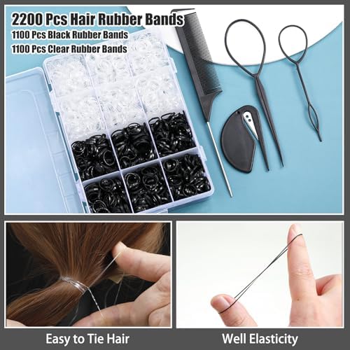 2200 Pcs Elastic Hair Bands with Hair Loop Styling Tool Set, Clear and Black Elastic Hair Ties with Rubber Band Cutter Organizer Box Hair Accessories for Toddler Baby Girl Women - Image 3