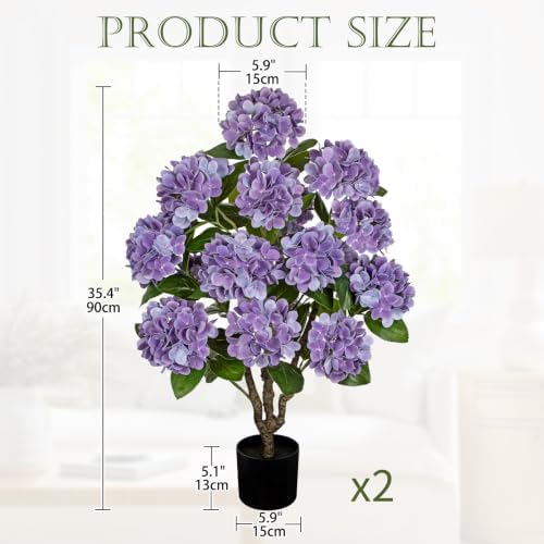 3FT Purple Hydrangea Artificial Flowers Tree 2 Pack Faux Hydrangea Potted - Image 2