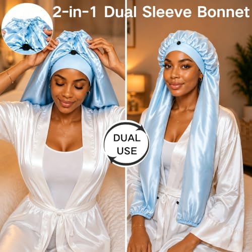 Isshin Beauty Satin Hair Bonnet for Sleeping Women: Dual Sleeve 2 in 1 Long Hair Protector Anti Frizz Sleep Cap - Image 3