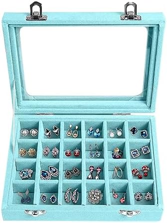 Velvet Jewelry Box 24 Grid Jewelry Earrings Display Organiser Box Ring Tray Holder Earrings Storage Case for Girls Women Wife Mom (Light blue) by EONGOA