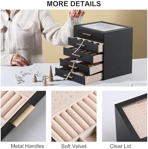 Frebeauty Jewelry Box for Women,Clear Lid Jewelry Organizer with 5 Drawers - Image 5