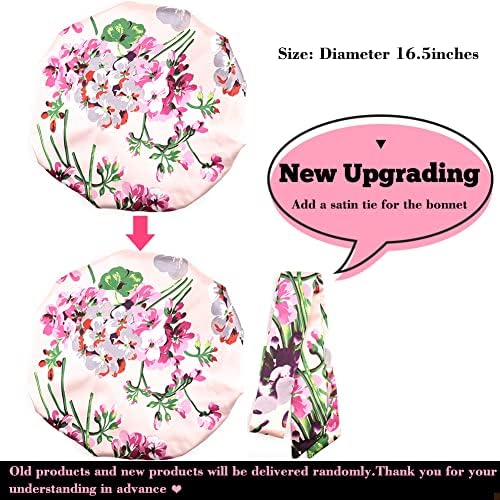 Large Round Satin Bonnet for Sleeping, Double-Layer Elastic Hair Bonnet with Silky Tie Band for Women Braids/Curly/Long Hair - Pink Floral - Image 2