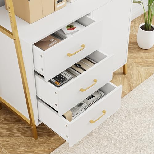 HITHOS White Gold Bookshelf, 69" H Ladder Book Shelf with Drawers & Shelves - Image 6