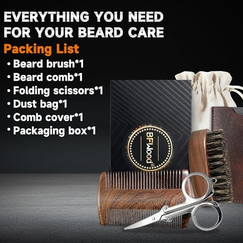 BFWood Mens Beard Brush Comb Kit, Small Travel Beard Set - Natural Boar Bristles With Black Walnut Wood, Grooming Sandalwood Mustache Comb, Mustache Trimming Sissors With Storage Bag - Image 3