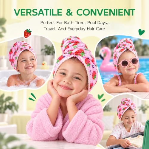 Years calm Microfiber Hair Towel for Kids,Large Dry Hair Cap Strawberry - Image 3