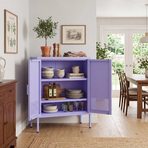 Purple Metal Accent Cabinet, 33" H Industrial 2-Door Steel Sideboard with 2 Adjustable Shelves, Ventilated Freestanding Storage Organizer for Living Room, Bedroom - Image 6