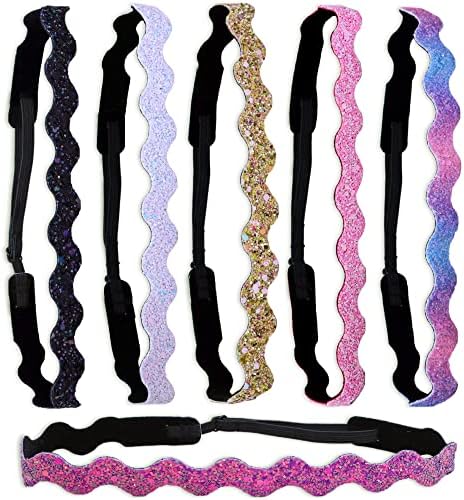 FROG SAC 6 Glitter Headbands for Girls, Adjustable Non Slip Thin Elastic Hair Bands for Kids, Stretch Heart Zig Zag Girl Hair Accessories, Sparkly Headband, Head Band Hairband (Multicolor 2, Kids) by FROGSAC