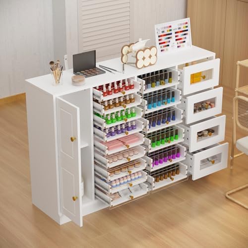 WOODTIME 47.2" W Manicure Storage Display Cabinet with Acrylic Fronts and 19 Drawers, Nail Polish Makeup Skincare Cabinet with Shelves for Beauty Salon, White - Image 3