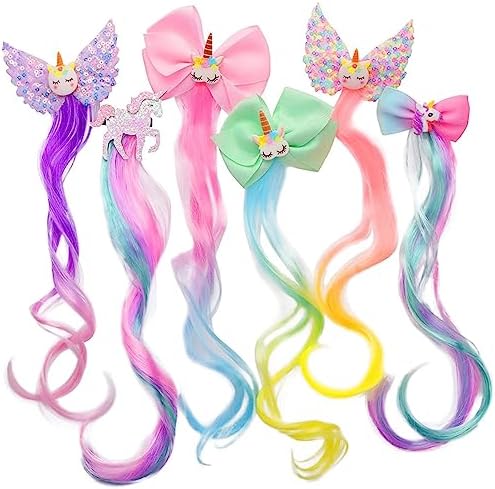 Ideal Swan 6 Set Unicorn Hair Extensions Clip - Colorful Curly Hair Extensions for Girls, Cute Unicorn Accessories Hair Clips for Kids Ponytails, Rainbow Thick Wig Clip in Fake Bangs (Curly Hair) by IdealSwanBeauty