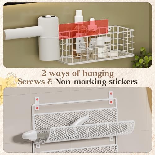 Wall-Mounted Hair Dryer Holder Styling Tool Organizer 4-Shelf Storage Wire Basket with Hook Heat Safe Rack for Hair-Straighteners,Curling Wands,Flat Iron,Cabinet Door Bathroom Kitchen White - Image 3