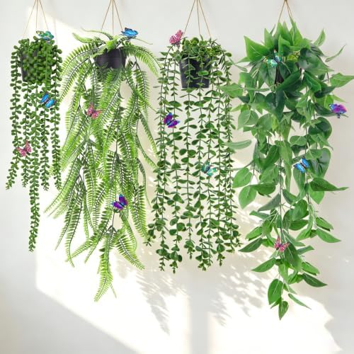 Der Rose 4 Pcs Fake Hanging Plants with Butterflies for Shelf Wall Decor by DerRose