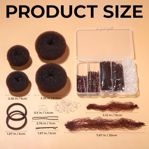 YGDZ 200 PCS Hair Bun Maker Set, 4 Pcs Hair Donuts, 10 Pcs Brown Hair Nets for Buns, 80 Pcs Bobby Pins for Women, Girls, Elastic Ties, Dance Hair Accessories, Ballet Bun Kit, Brown - Image 2