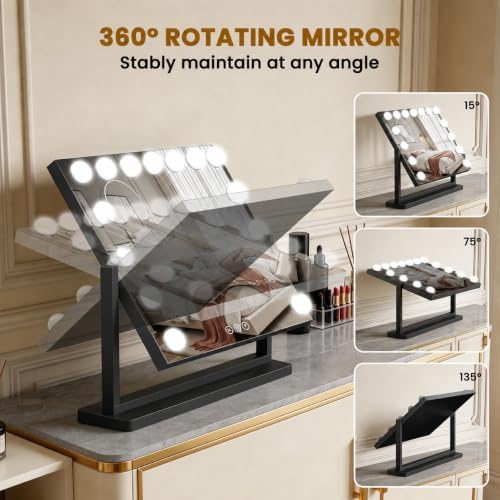 Vanity Mirror with Lights, 23"×19" Hollywood Makeup Mirror with 15 Dimmable Bulbs, 3-Color Lighting, Dimmable, 360° Rotation, 10x Magnification, Desk Mirror, Bedroom (Black) - Image 5