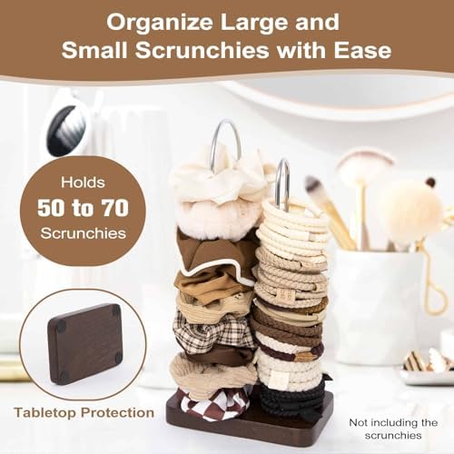 SCUNDA Scrunchine Holder Stand, 2 Tier Hair Tie Tower Hold 50~70 Scrunchies,Claw Clip Holder, Modern Fashion Hair Ties Organizer Storage for Girls, Women, Display(Walnut Color) - Image 2