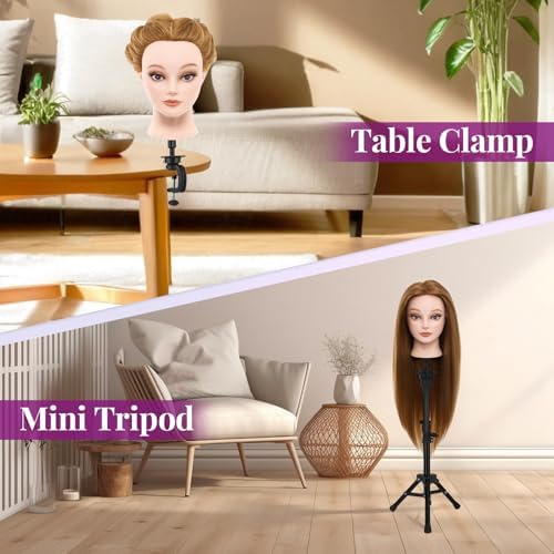 Mannequin Head 80% Human Hair with Tripod Stand, 28 Inch Makeup Cosmetology Manikin Head Braiding Mannequin Head with stand, Hairdressing Training Practice Doll Head for Hair Styling with Table Clamp - Image 3