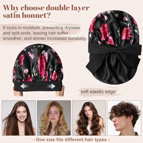 Satin Bonnet Silk Bonnet for Sleeping Silk Sleep Cap Double Layer Hair Bonnet with Elastic Tie Band for Curly Hair Night Cap - Image 3