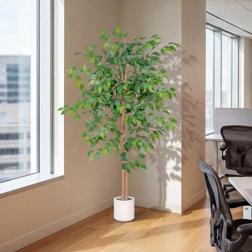 Artificial Ficus Tree 5FT Tall, Faux Ficus Tree Indoor Outdoor, Fake Silk Ficus Plant with Planter, Lifelike Leaves Large Potted Floor Tree for Home Office Living Room Porch Decor - Image 3