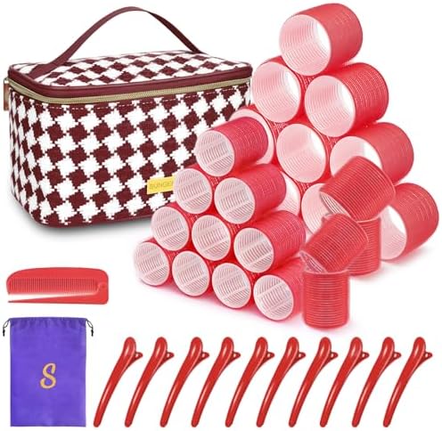 Sungenol Hair Rollers 24 Pcs Self-Grip Heatless Curlers Set for Volume - 12 Extra Large & 12 Large with Clips, Comb and Makeup Bag for Long Hair Salon Blowout (24, Red) by Sungenol