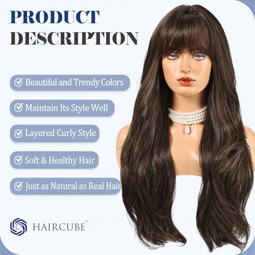 HAIRCUBE Long Brown Wig with Bangs Layered Curly Wigs for Women Natural Synthetic Wigs for Daily Use (pelucas de cabello natural) - Image 3