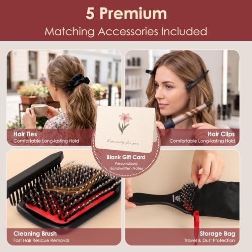 Boar Bristle Hair Brush for Women, Wooden Smoothing Detangler Gift Set - Image 7