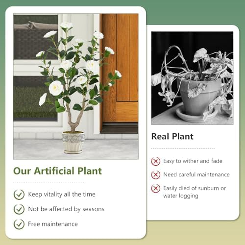 Goplus 36’’ Artificial Camellia Tree, Flower Plants Artificial Tree - Image 6