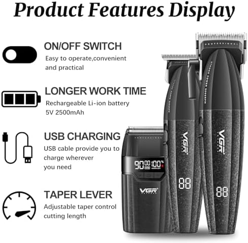 VGR 640S3 Professional 3 in 1 Hair Cutting Kit, 9000RPM Hair Clippers for Men Professional Hair Trimmer & Foil Shavers Set, Cordless Mens Barber Combo for Home, for Him(Black) - Image 2