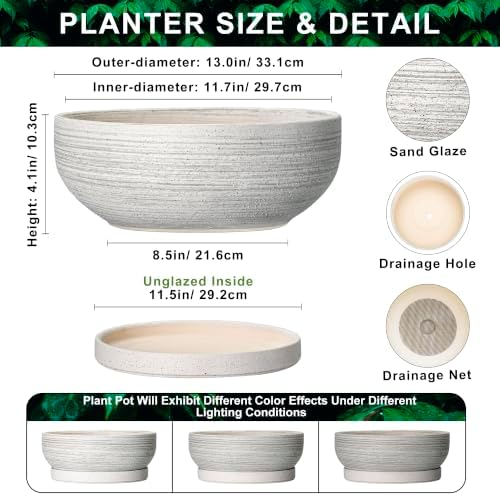13 Inch Ceramic Bonsai Pots with Saucer, Brushed Grey - Image 2