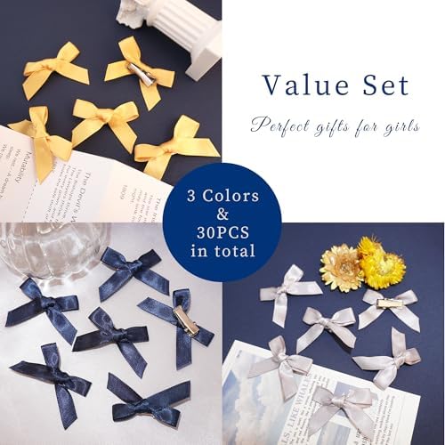30PCS Mini Bow Clips Yellow Bows for Hair Satin Grey Hair Ribbon Y2K Navy Cute Hair Bows 3 Colors Small Hair Accessories for Girls Women - Image 5