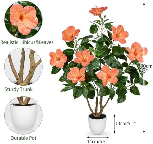 Briful Artificial Hibiscus Tree 2.95ft Tall Real Touch Fake Tree with Orange Flowers Potted Faux Plant Indoor Realistic Floor Plants for Front Porch Outdoor Home, Patio Decor - Image 2