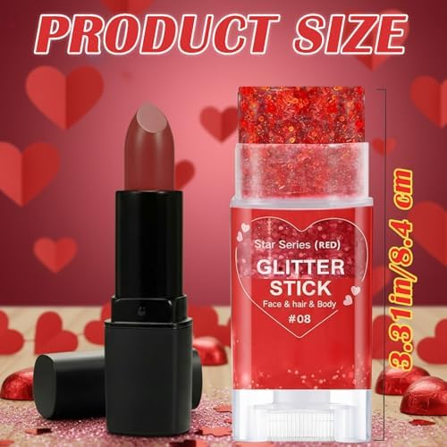 Red Body Hair Glitter Stick for Kids,Cheer Face Glitter Stick,Waterproof Red Spirit Day Accessories for Football Game Day,Halloween Cosplay Rave Carnival Concert Party Shimmer Makeup - Image 4