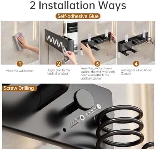 5 in 1 Hair Dryer Holder Hair Tool Organizer Metal Wall Mount (Black) - Image 6