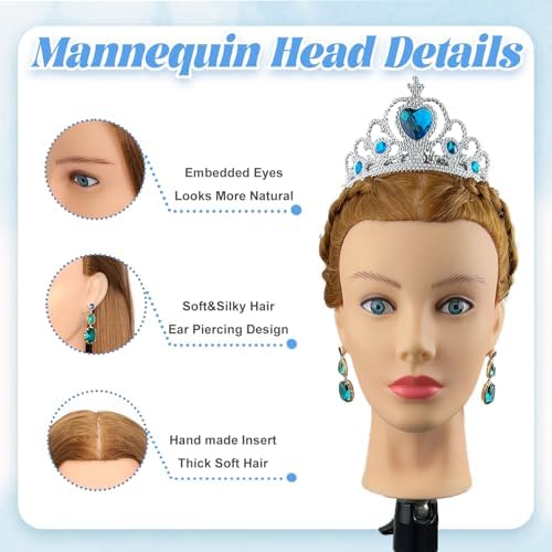 Mannequin Head Human Hair-Cosmetology Manikin Doll Head with 80% Real Hair for Hairdresser Practice Styling Braiding with Tripod Stand & Table Clamp (Amber Brown) - Image 5